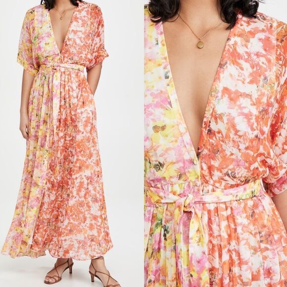 NWT Rococo Sand Nesh Mixed Floral V Neck Maxi Dress Orange Yellow XS - Picture 1 of 14
